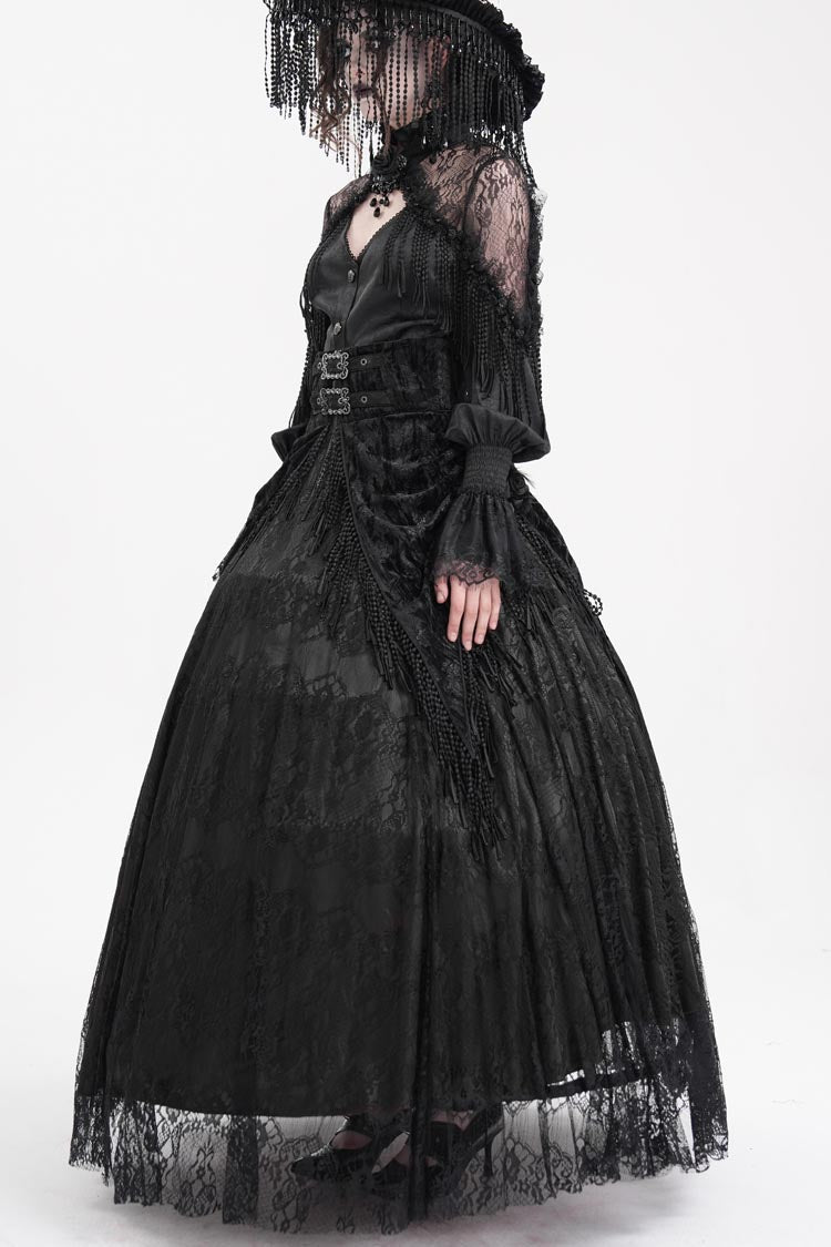 Black Print Embroidery Tassels Buckle-up Lace-Up Women's Gothic Long Skirt - Product - 5