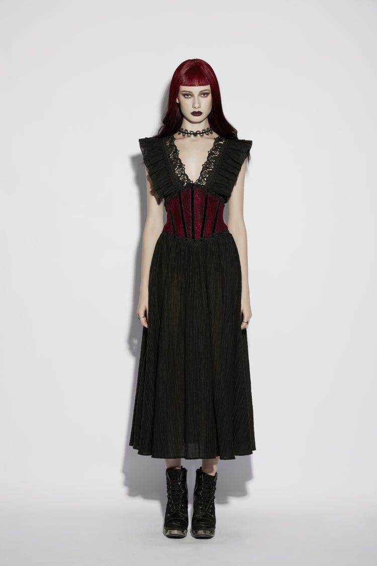 Red Lace Lace-Up Slim Fit Color-Blocked Women's Gothic Luxurious Royal Cosplay Underbust Corset - Product - 10