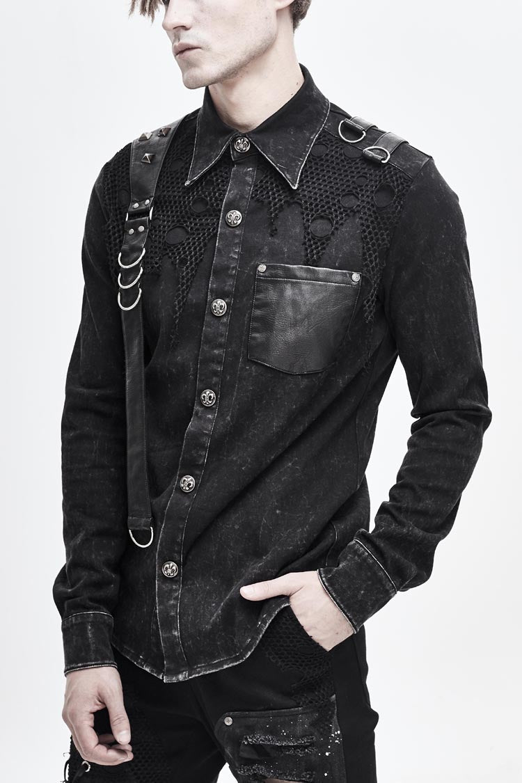 Black Asymmetric Left Shoulder Loop Mesh Rivet Snap Button Men's Punk Shirt - Black - 1
