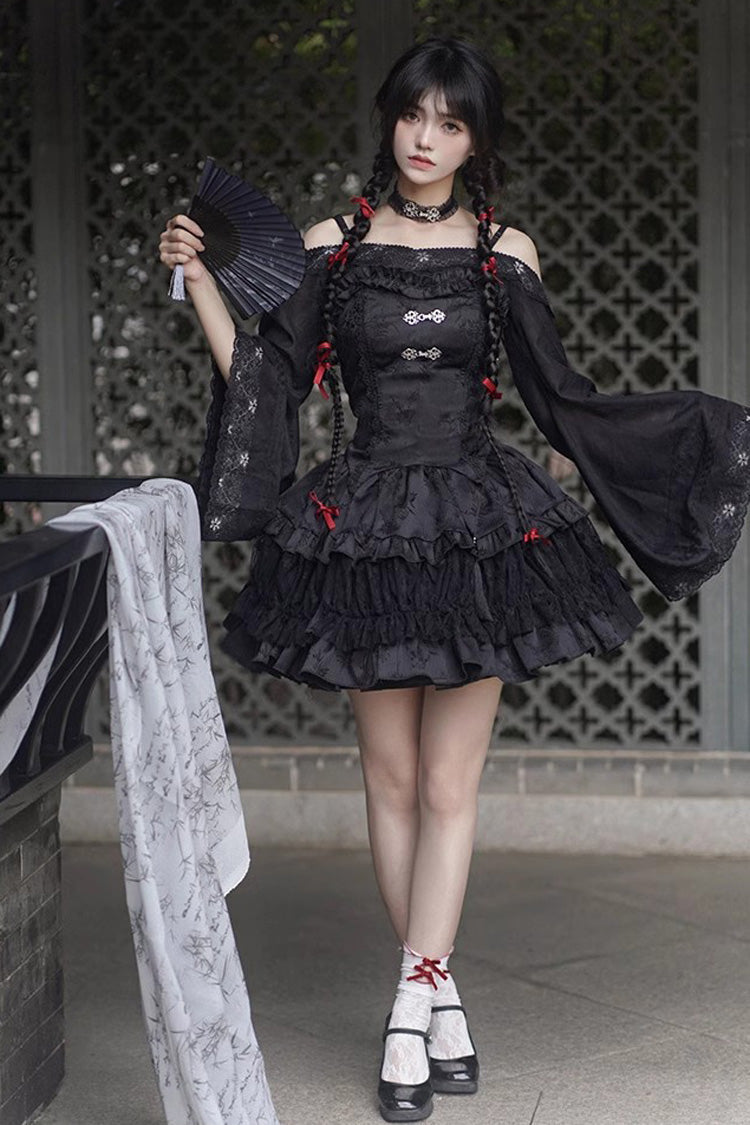 Black Bamboo Leaves Print Ruffle Lace Gothic Chinese Style Lolita Skirt - Product - 2