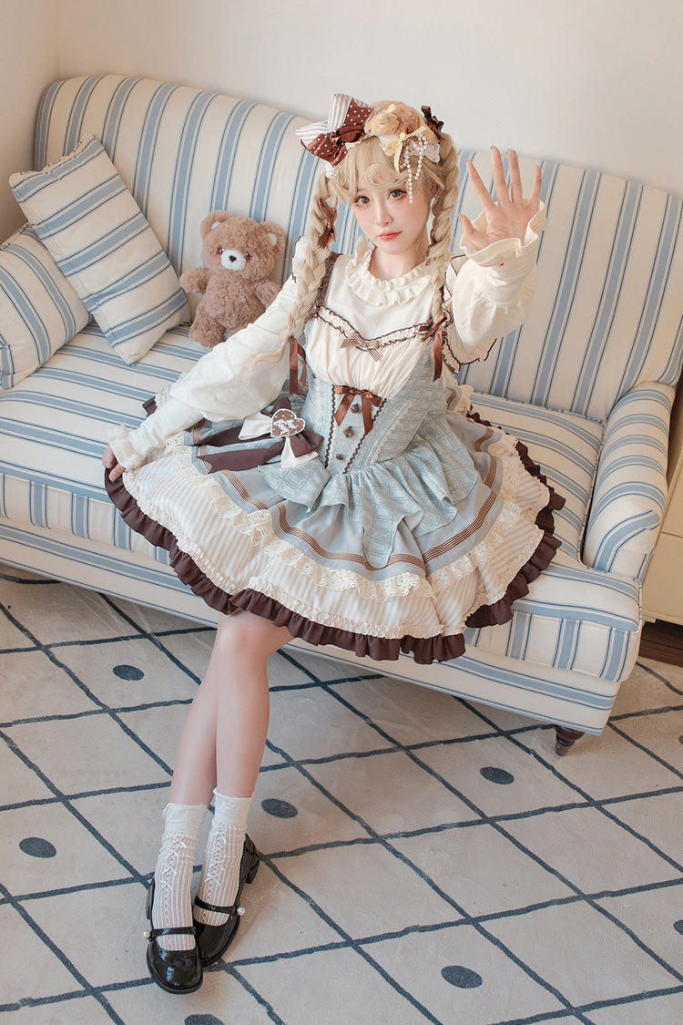 Sweet Square Collar Sleeveless Multi-Layered Printed Ruffled Bow Fishbone Lolita Dress 2 Colors (Mint Green, Chocolate Brown) - Product - 10