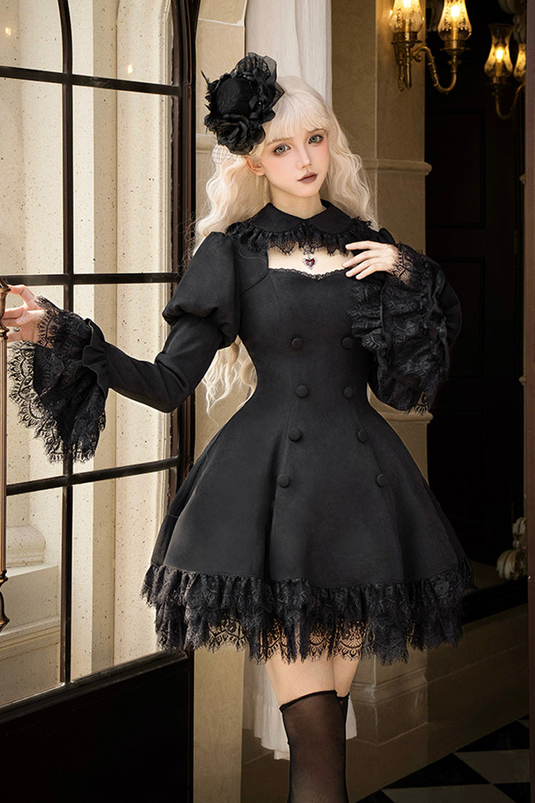 Black [Midnight Whisper] Double-breasted Short Sleeves Hollow Gothic Lolita Dress - Product - 11