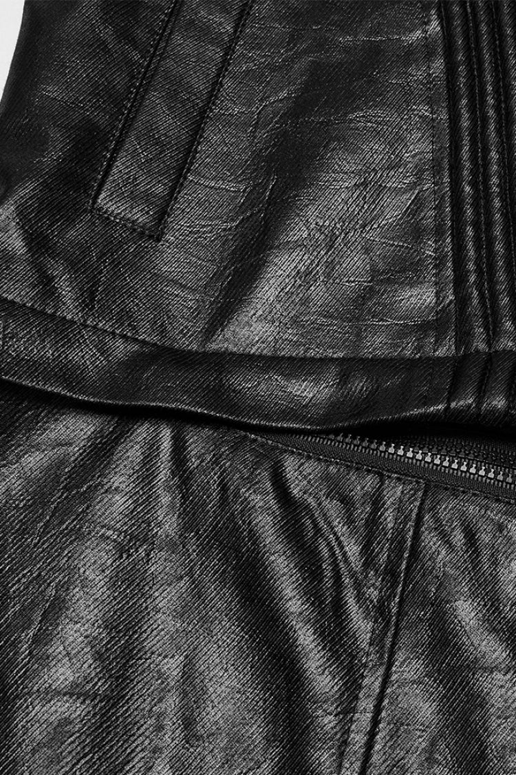 Black Long Sleeves Ruched Faux Leather Stitching Hooded Detachable Men's Punk Coat - Product - 7