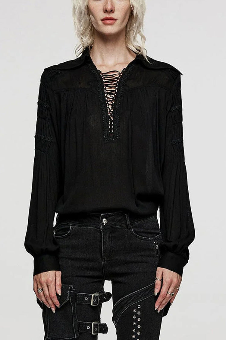 Women's Turn-down Collar Long Sleeves Lace Ruched Gothic Blouse 2 Colors - Black - 2