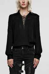 Women's Turn-down Collar Long Sleeves Lace Ruched Gothic Blouse 2 Colors - Black - 2