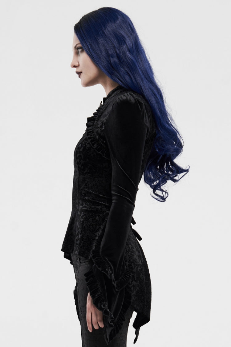 Black Long Sleeves Hollow Embroidery Slim Women's Gothic Blouse - Product - 2