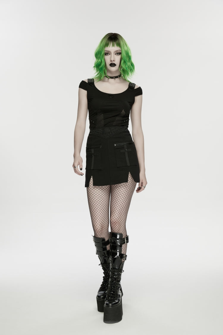Black Embroidered Zippered Women's Punk Skull Embroidered Cool Big Pocket Skirt - Black - 1