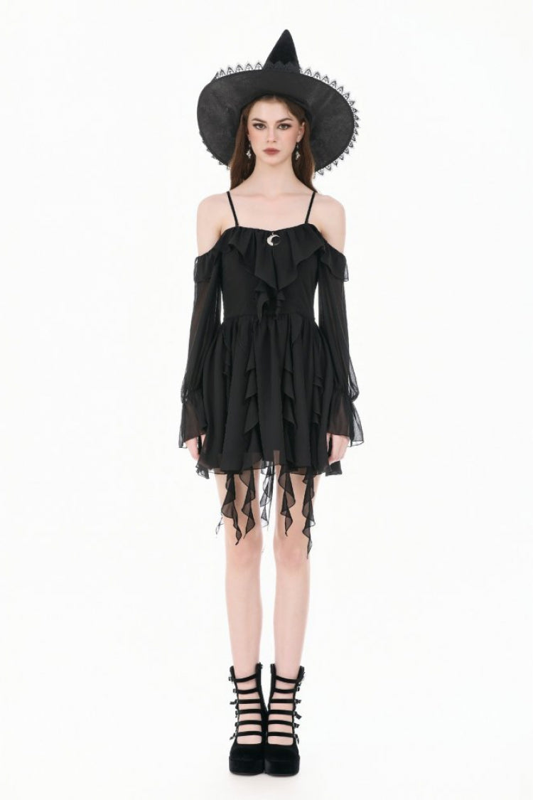 Black Moon Charm Off Shoulder Long Puff Bishop Sleeves Layered Ruffled Hem Women's Gothic Slip Dress - Product - 5