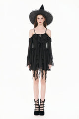 Black Moon Charm Off Shoulder Long Puff Bishop Sleeves Layered Ruffled Hem Women's Gothic Slip Dress - Product - 5