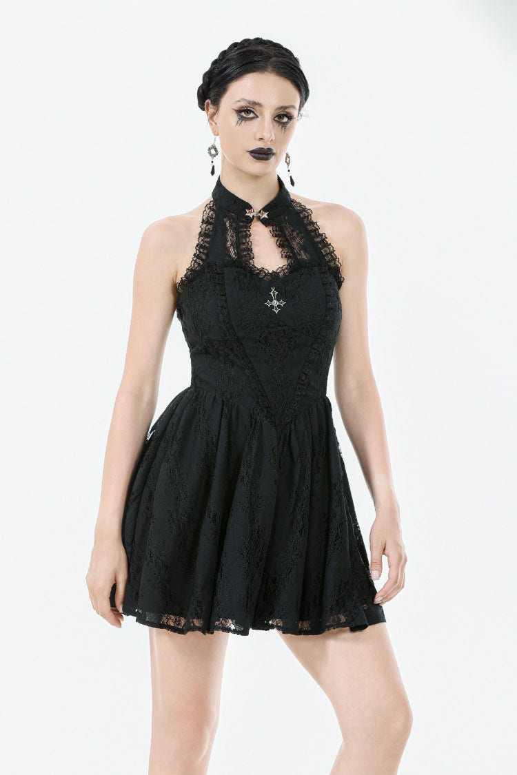 Black Off Shoulder Halterneck Sleeveless Lace Women's Gothic Short Dress - Product - 2