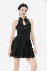 Black Off Shoulder Halterneck Sleeveless Lace Women's Gothic Short Dress - Product - 2