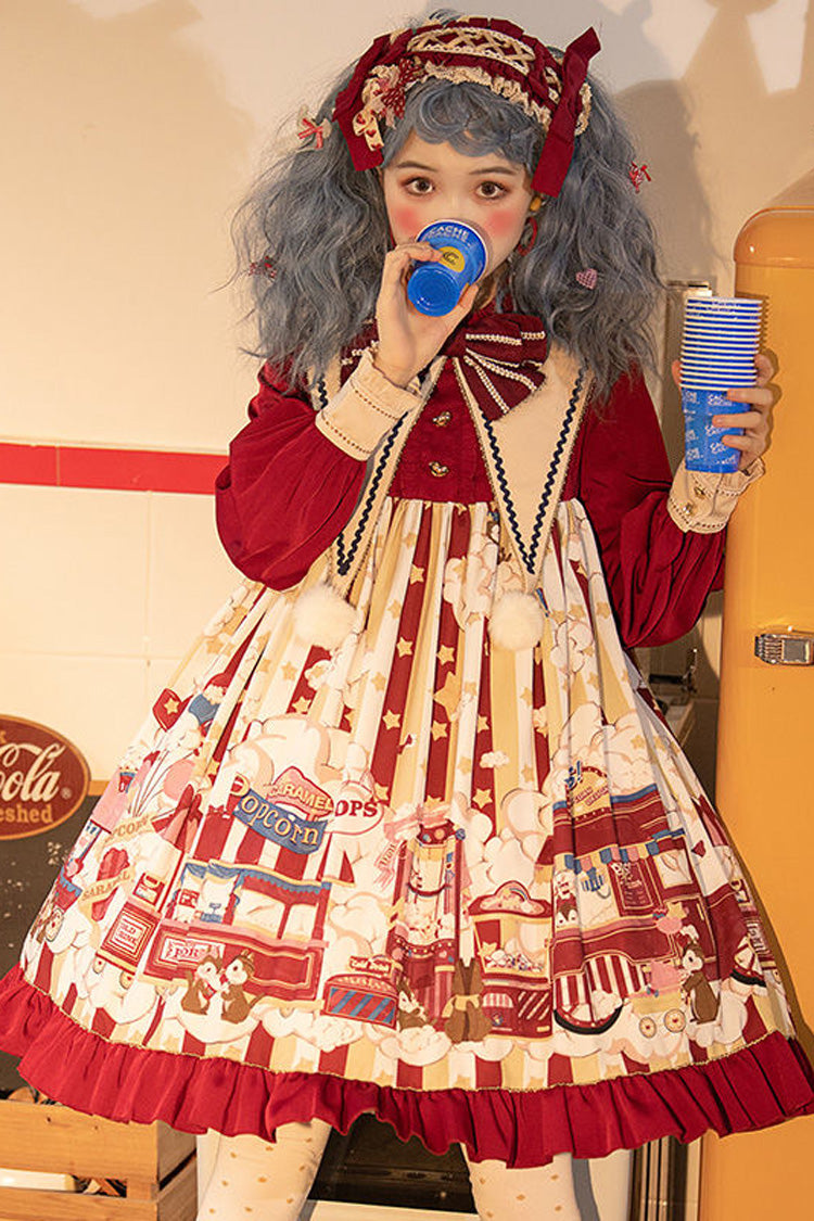 Red Lapel Collar Bowknot Lantern Long Sleeved Popcorn Print Sweet Lolita OP Dress - Product - 2