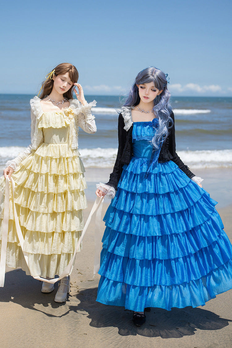 [Bubble Rain] Flutter Sleeves Multi-Layered Ruffled Sweet Lolita Jsk Dress 2 Colors (Yellow, Blue) - Product - 15