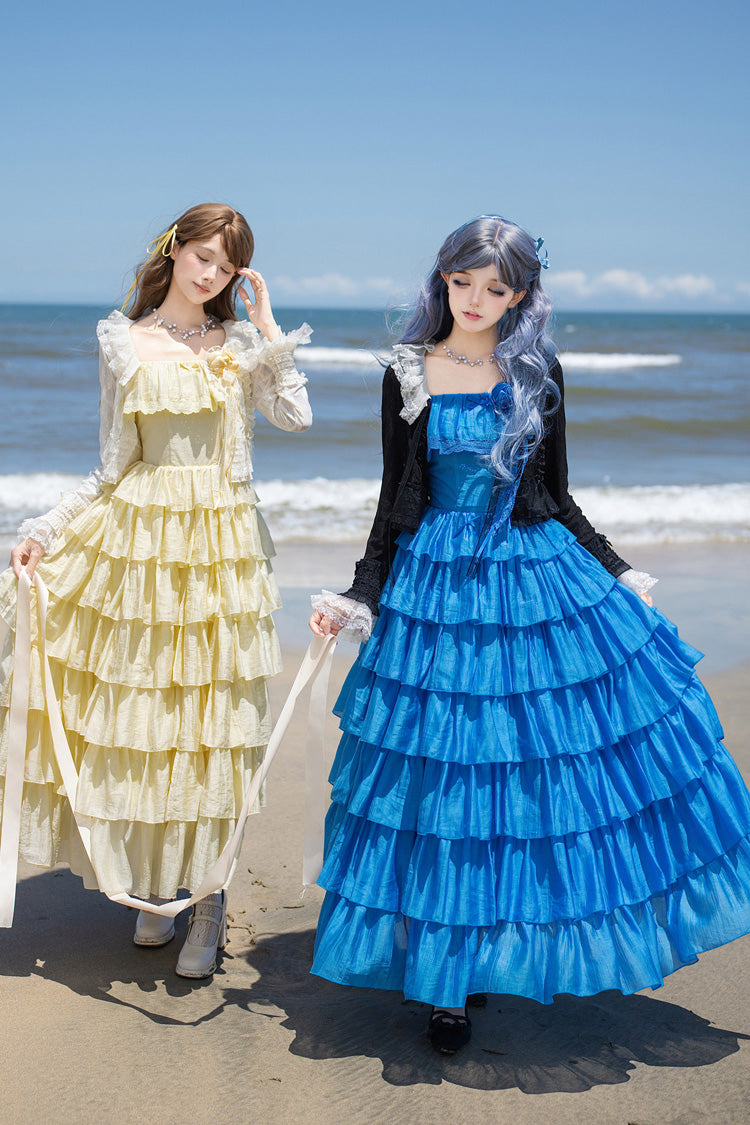 [Bubble Rain] Flutter Sleeves Multi-Layered Ruffled Sweet Lolita Jsk Dress 2 Colors (Yellow, Blue) - Product - 15
