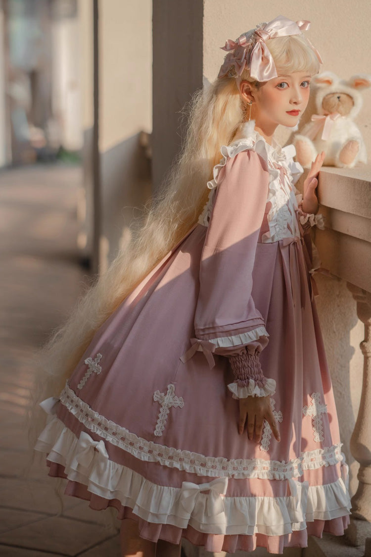 Pink [Cross Wish Dream] Long Sleeves Bowknot Lace-Up Sweet Lolita Tiered Dress - Product - 4