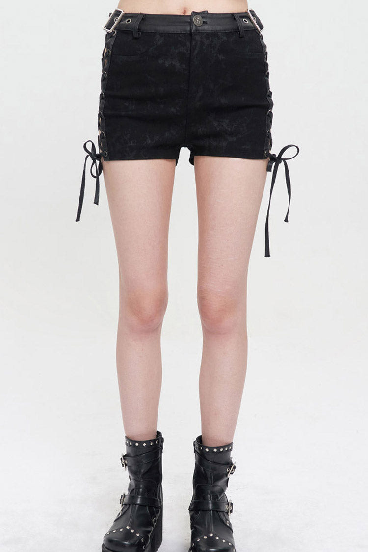 Black Punk Adjustable Grommets On Both Sides Side Straps Hollow Out Women's Shorts - Product - 6