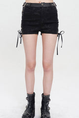 Black Punk Adjustable Grommets On Both Sides Side Straps Hollow Out Women's Shorts - Product - 6