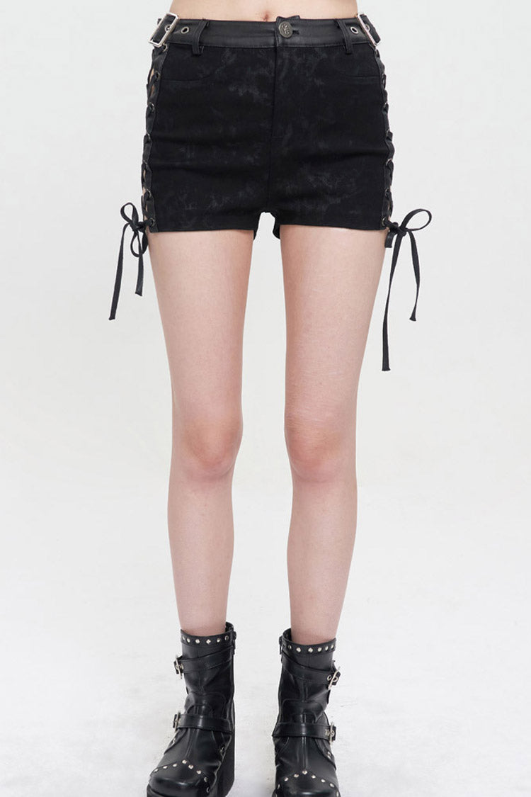 Black Punk Adjustable Grommets On Both Sides Side Straps Hollow Out Women's Shorts - Product - 6