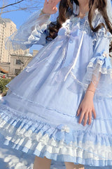 Blue Bowknot Trumpet Sleeves Multi-Layer Ruffled Sweet Lolita OP Tiered Dress - Product - 6