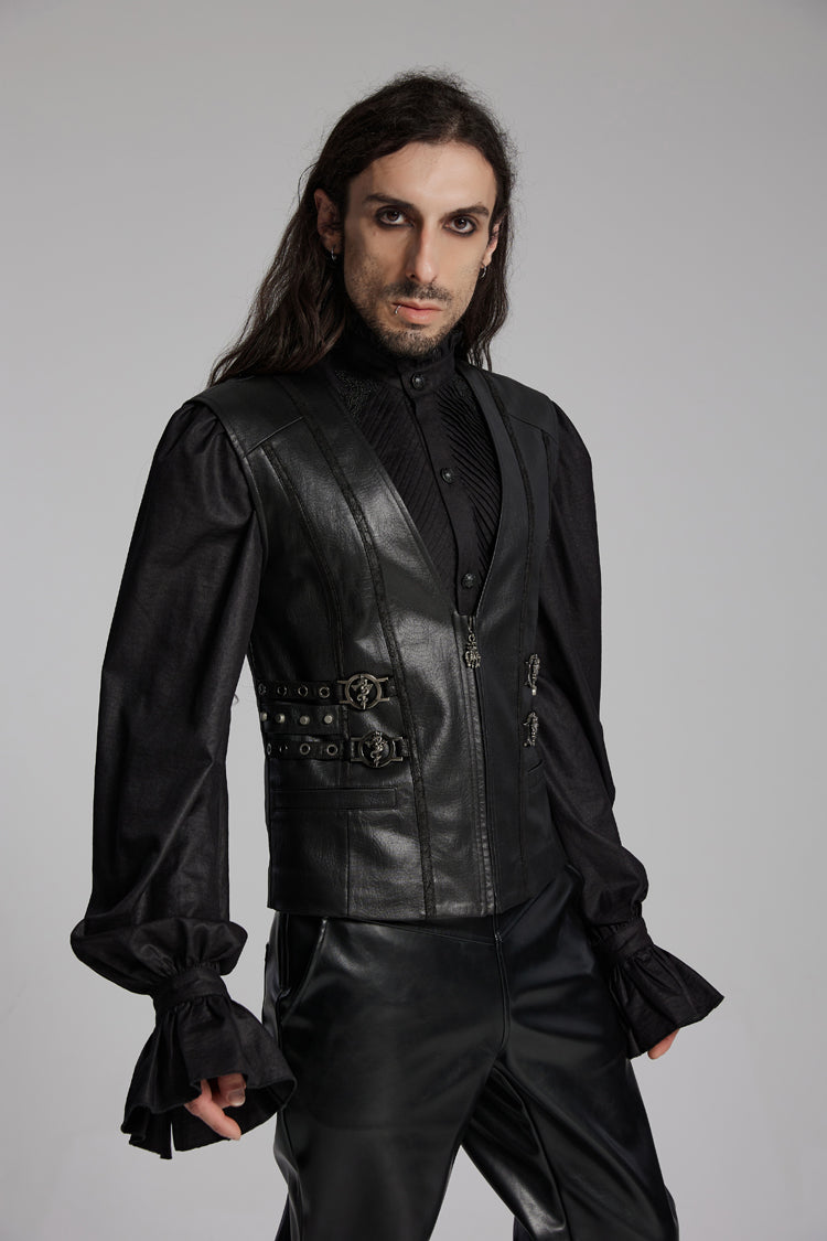 Black V Collar Sleeveless Buckle-up Zip Men's Gothic Vest - Product - 3