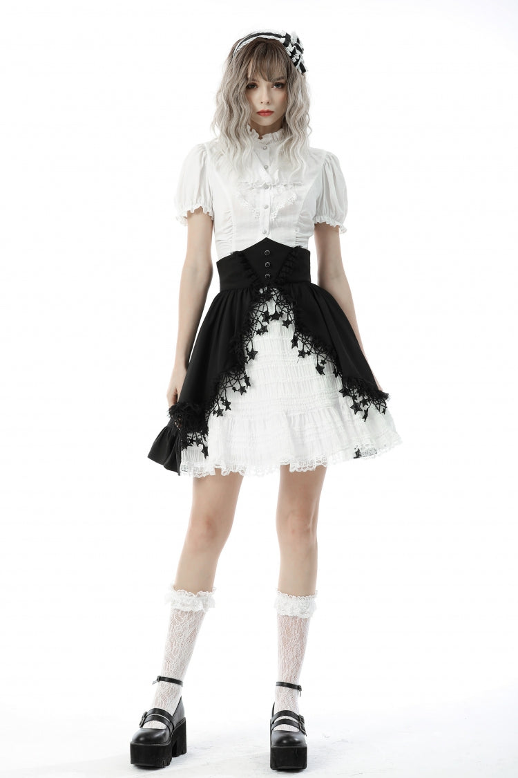 White Short Puff Sleeves Ruffled Neckline Lace Lace-Up Women's Gothic Blouse - Product - 5