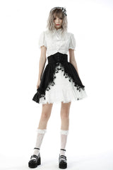 White Short Puff Sleeves Ruffled Neckline Lace Lace-Up Women's Gothic Blouse - Product - 5
