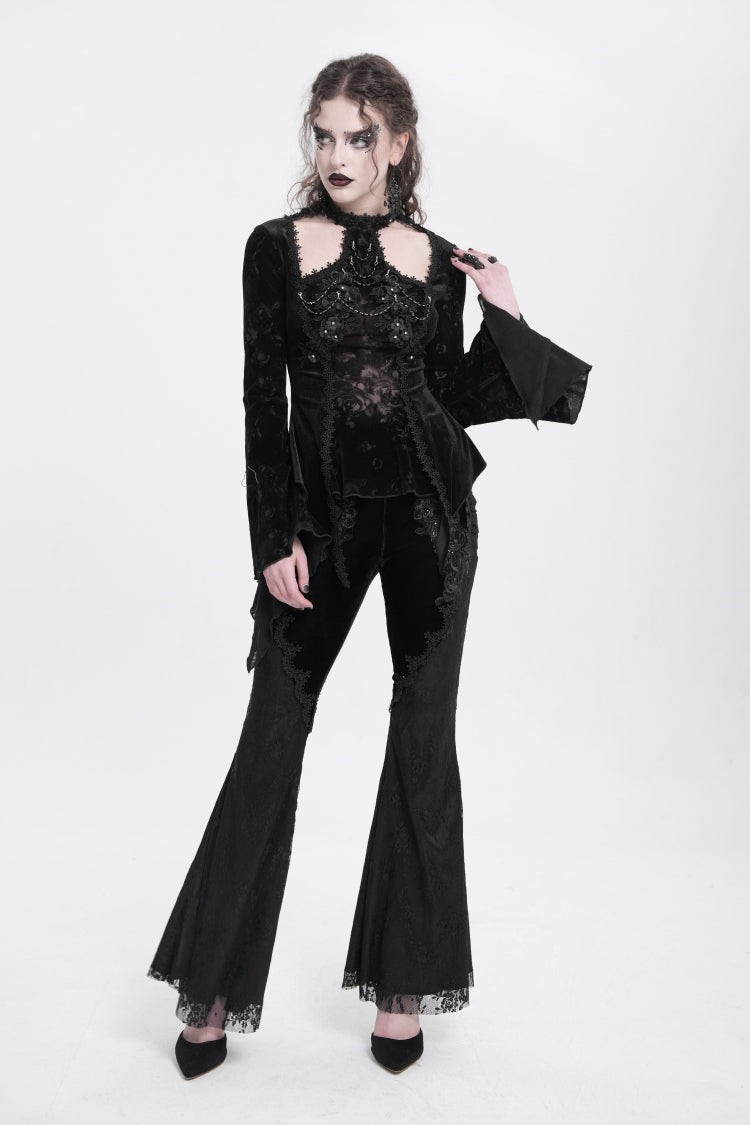 Black Halterneck Long Trumpet Sleeves Jacquard Embroidery Women's Gothic Blouse - Product - 7