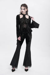 Black Halterneck Long Trumpet Sleeves Jacquard Embroidery Women's Gothic Blouse - Product - 7