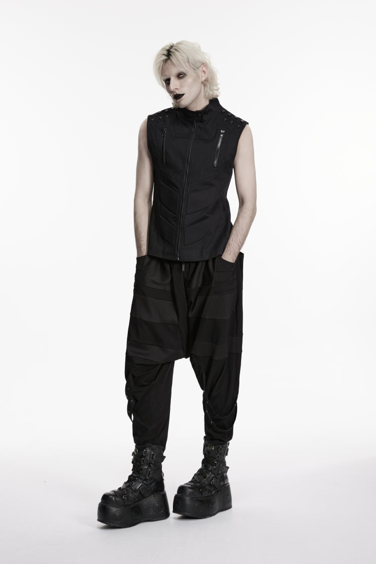 Black Stand Collar Sleeveless Studded Zippered Men's Punk Handsome Vest - Product - 5