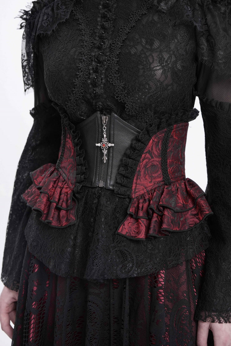 Black/Red Printed Spliced Lace Lace-Up Slim Zippered Women's Gothic Palace Corset - Product - 11