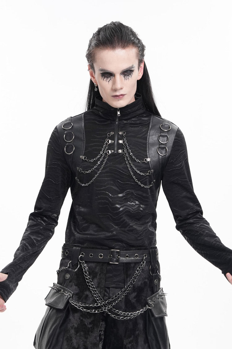 Black Chain Rings Stand Collar Long Sleeves Men's Gothic T-Shirt - Product - 5