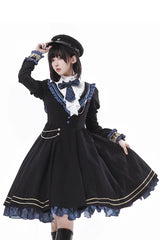 Black [Breaking Dawn] Stand Collar Long Sleeves Ruffle Gothic College Style Elegant Lolita Dress - Product - 5