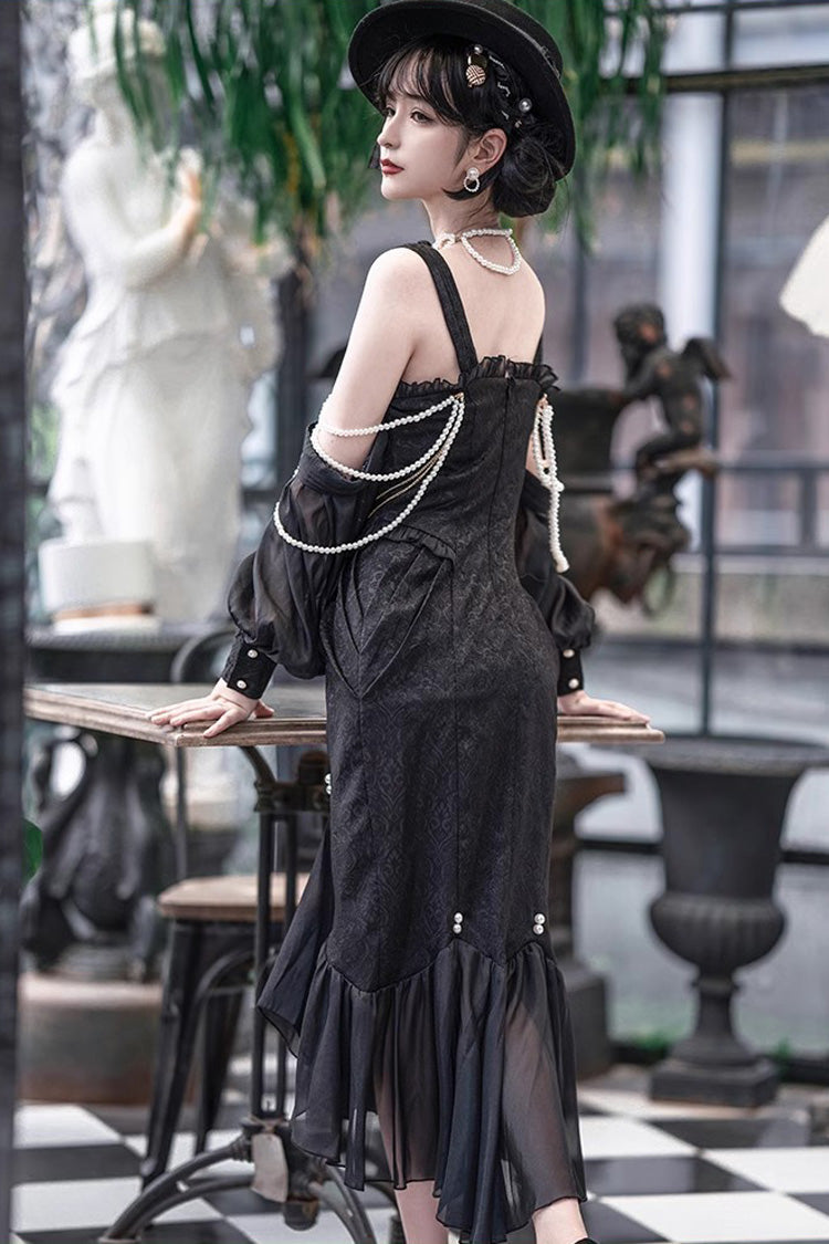 Black [Camellia 1.0] Sleeveless Jacquard Ruffle Lace Gothic Chinese Style Lolita Jsk Fishtail Dress - Product - 13