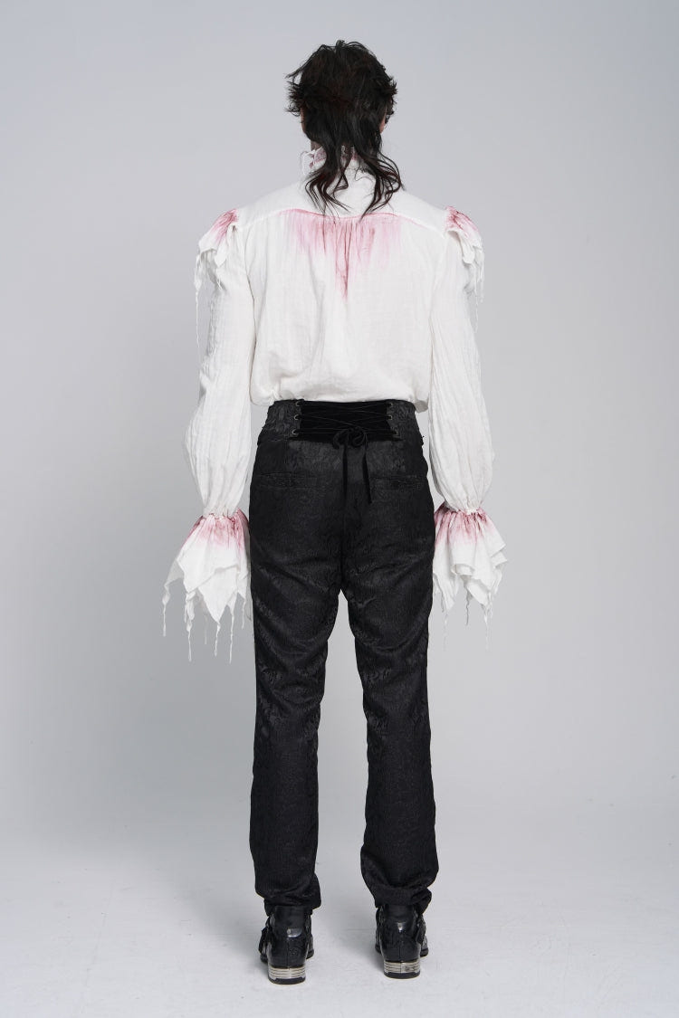 White High Collar Long Trumpet Sleeves Color-Blocked Pleated Men's Gothic Shirt - Product - 5