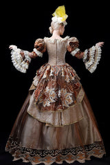 Coffee Multi-Layer Trumpet Sleeves High Waisted Three Dimensional Flower Embroidery Print Victorian Lolita Prom Dress - Product - 4
