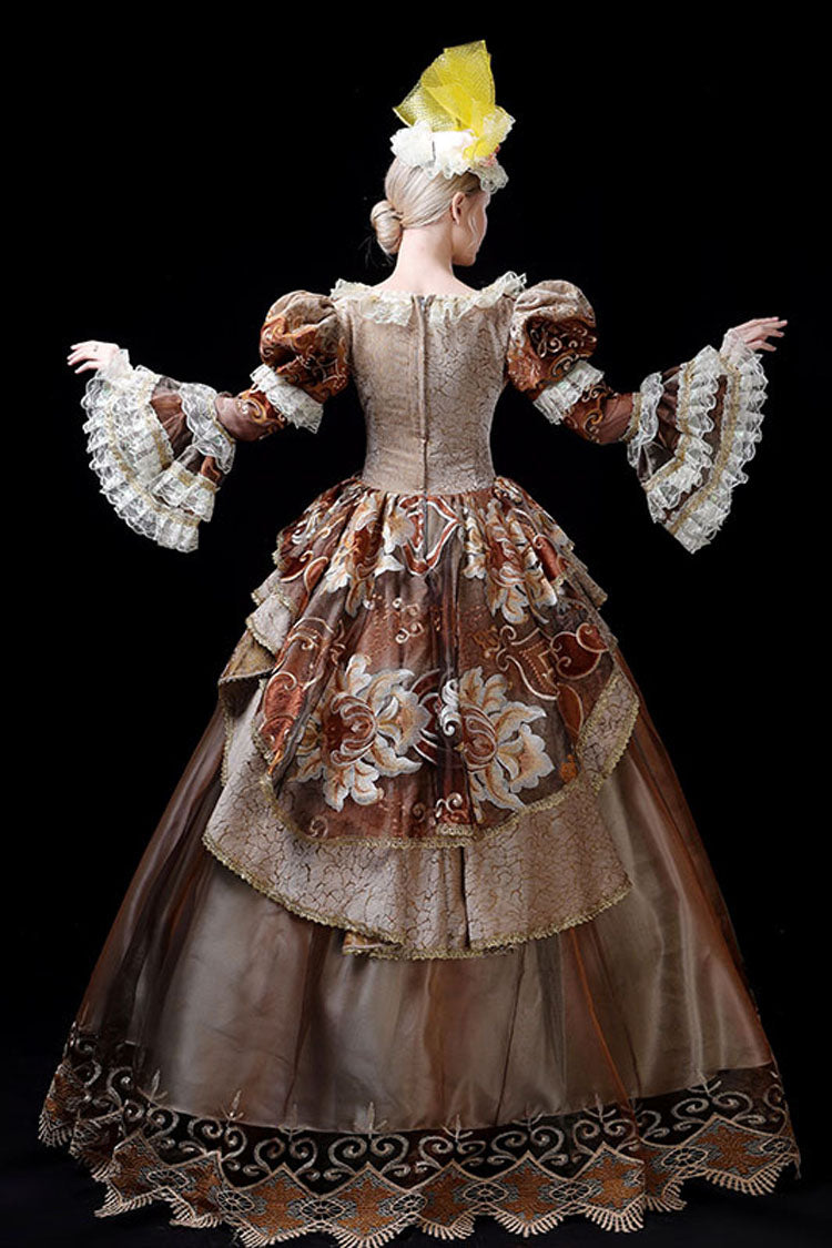 Coffee Multi-Layer Trumpet Sleeves High Waisted Three Dimensional Flower Embroidery Print Victorian Lolita Prom Dress - Product - 4
