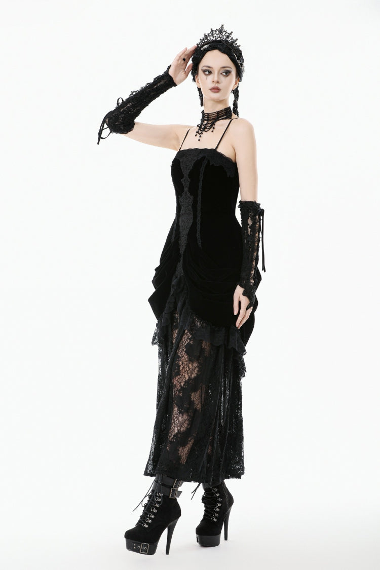 Black Women's Gothic Embroidered Lace Hem Ruched Slip Wedding Dress - Product - 10