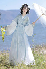 [Lily of the Valley] Long Sleeves Wei-Jin Style Ombre Printed Ruffled Embroidered Chinese Style Classic Hanfu Dress Set 3 Colors - Product - 10