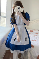Blue/White [Alice Madness Returns] Short Sleeves Ruffle Sweet Plus Size Lolita Dress Full Set - Blue/White - 1
