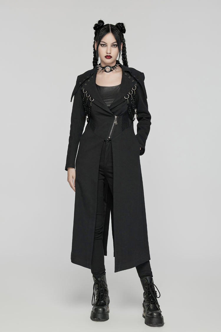 Black Lapel Collar Metal Chains Long Sleeves Women's Punk Long Coat - Product - 5