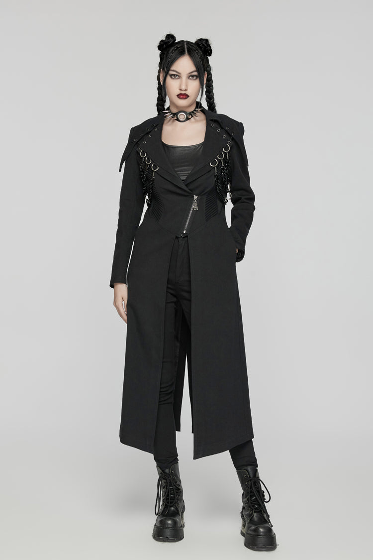 Black Lapel Collar Metal Chains Long Sleeves Women's Punk Long Coat - Product - 5