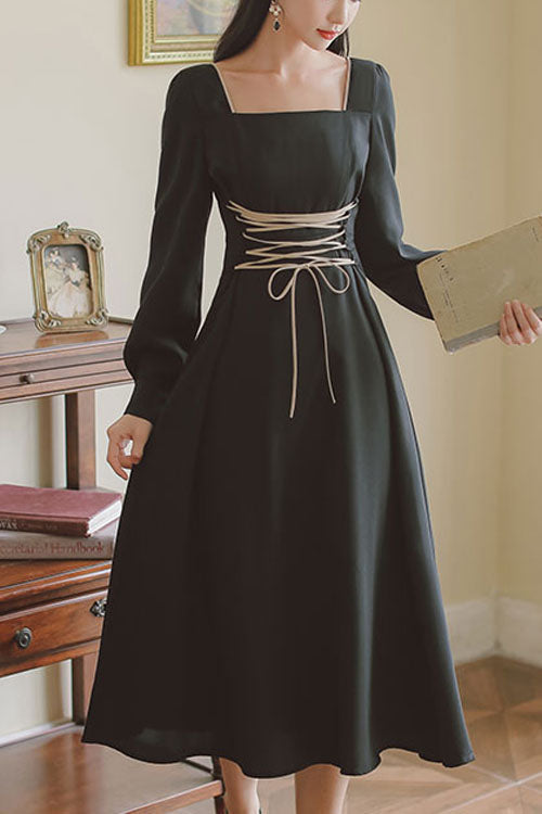 Black Solid European Manor Square Collar Long Sleeves High Waisted Classic Lolita OP Dress - Black - 1