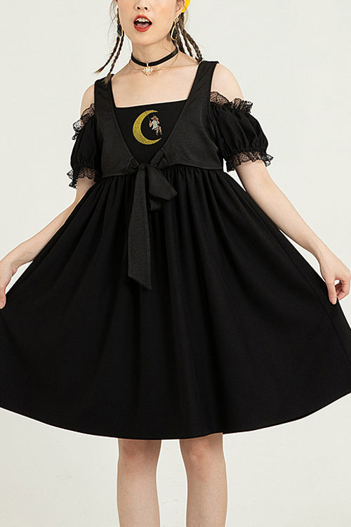 Black Puff Short Sleeve High Waisted Two Ways To Wear Before And After Sweet Lolita Dress - Black - 1