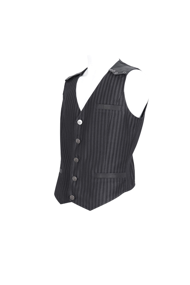 Black Striped V Collar Stitching Slim Men's Gothic Vest - Product - 5