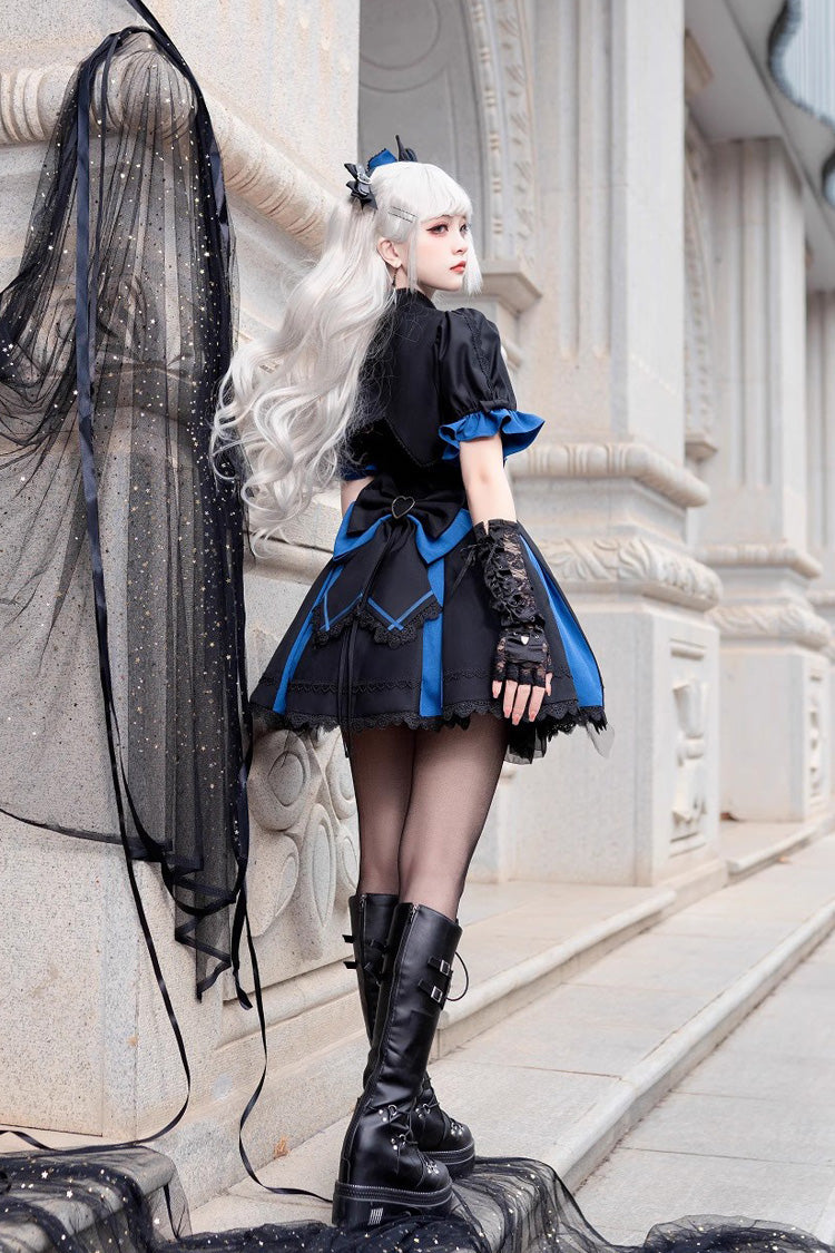 Black/Blue [Night Liana] Ruffle Bowknot Lace-Up Sweet Japanese Lolita Jumper Dress Set - Product - 7