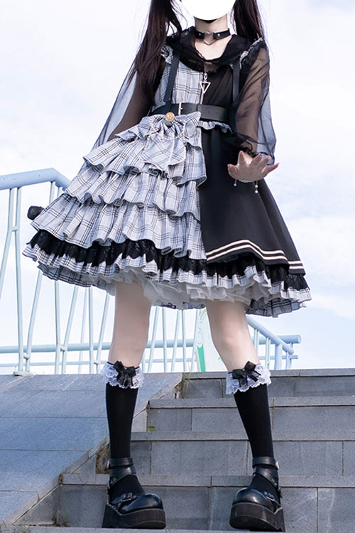 Plaid Stitching Multi-Layer Sweet Lolita JSK Dress - Gray/Black - 1