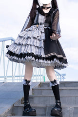 Plaid Stitching Multi-Layer Sweet Lolita JSK Dress - Gray/Black - 1