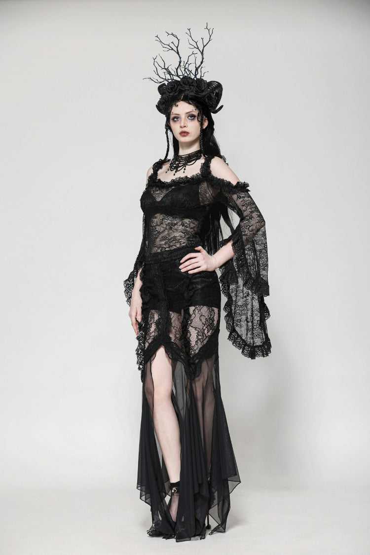 Black Lace-Up Mesh Spliced Lace Women's Gothic Fishtailed Skirt - Product - 2