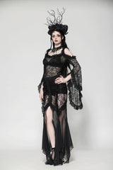 Black Lace-Up Mesh Spliced Lace Women's Gothic Fishtailed Skirt - Product - 2