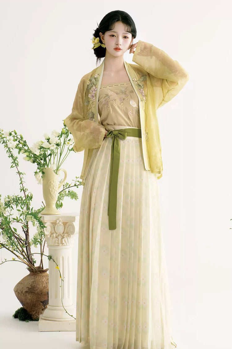 Green/Apricot [Grape Butterfly] Long Sleeves High Waisted Printed Embroidered Women's Sweet Hanfu Dress Set - Product - 3